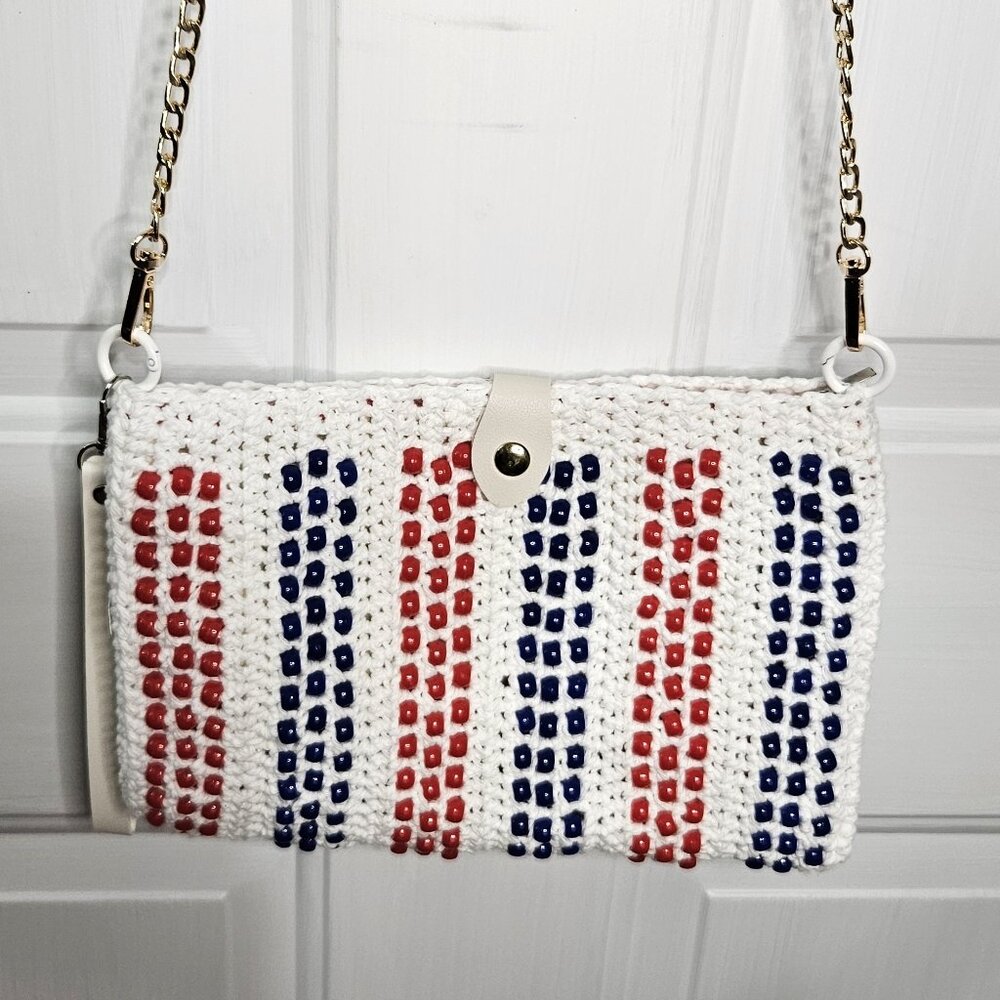 Red White Blue Crochet Clutch w/crosbody chain and wristlet strap